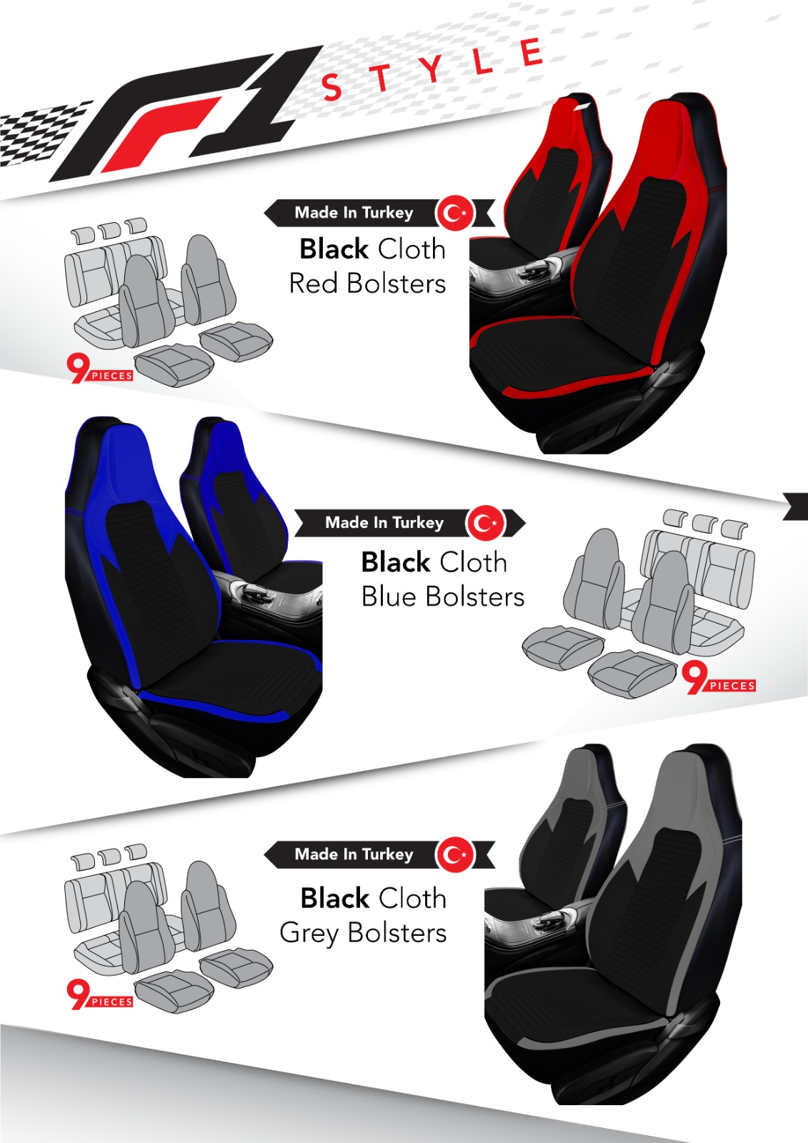 Universal Premium Seat Covers – Uzay F1 Style – 9 Piece